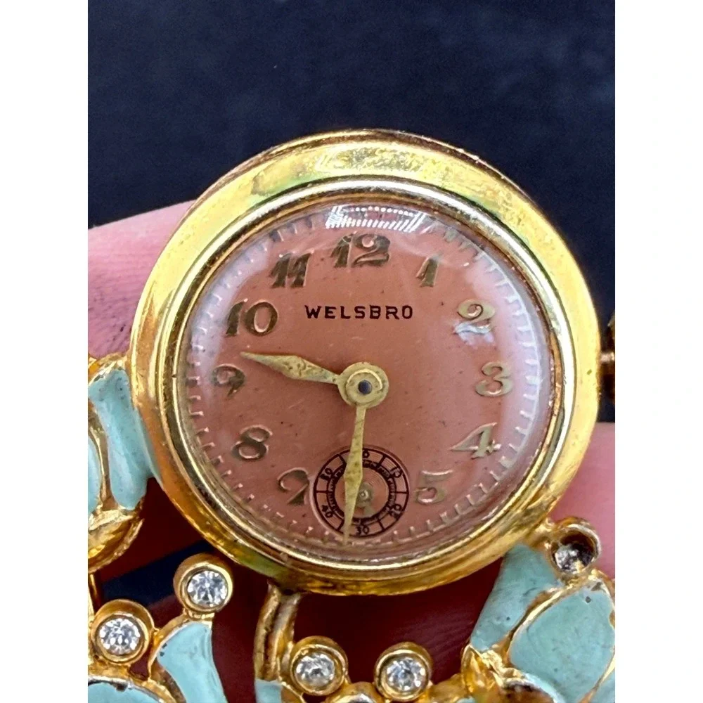 Vintage‎ Welsbro Watch Brooch Tulips Pot Metal Rhinestone NICE Untested